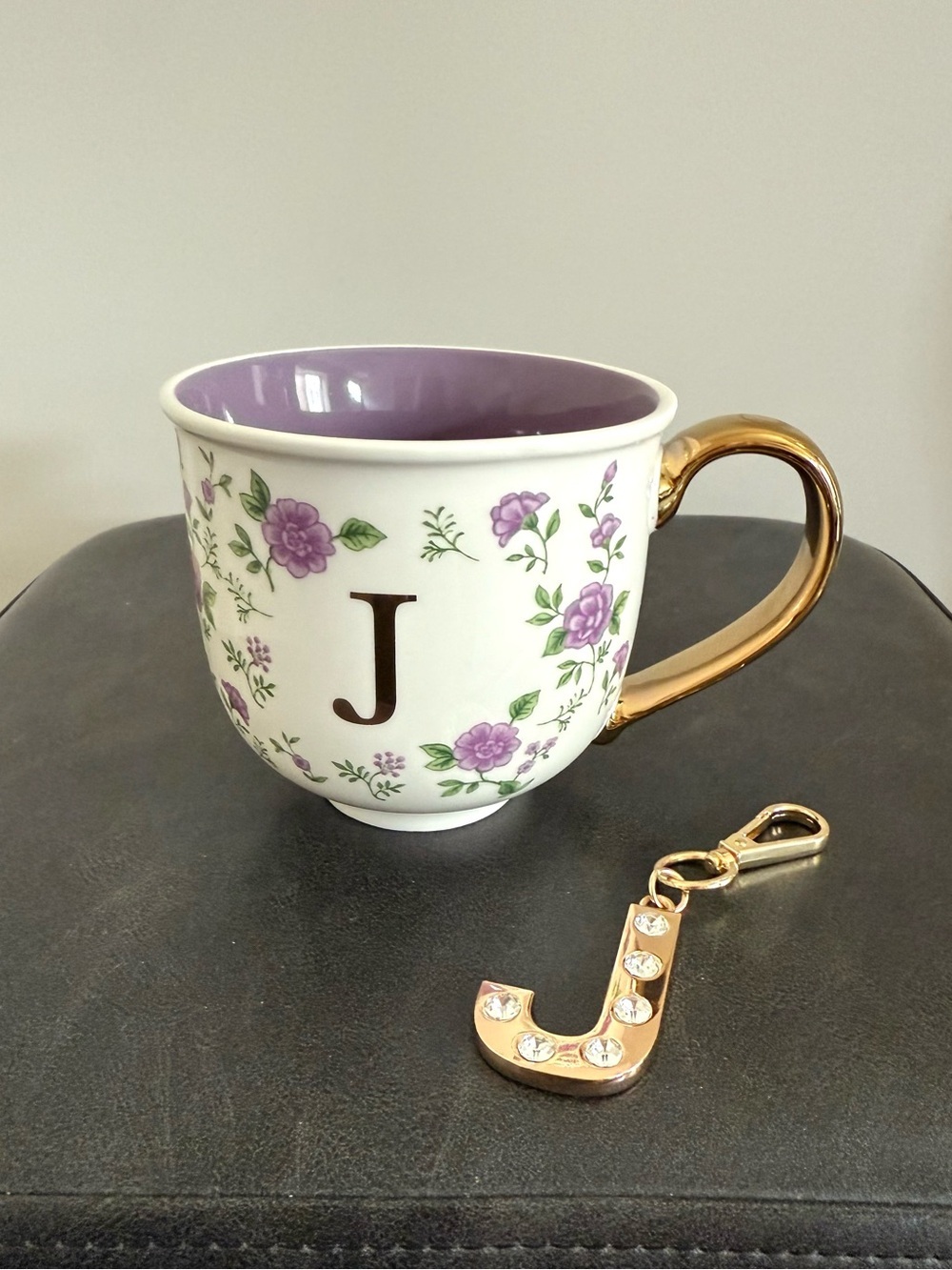Petal & Pearl Floral Monogram Ceramic Mug w/Gold Handle - Lavender Interior